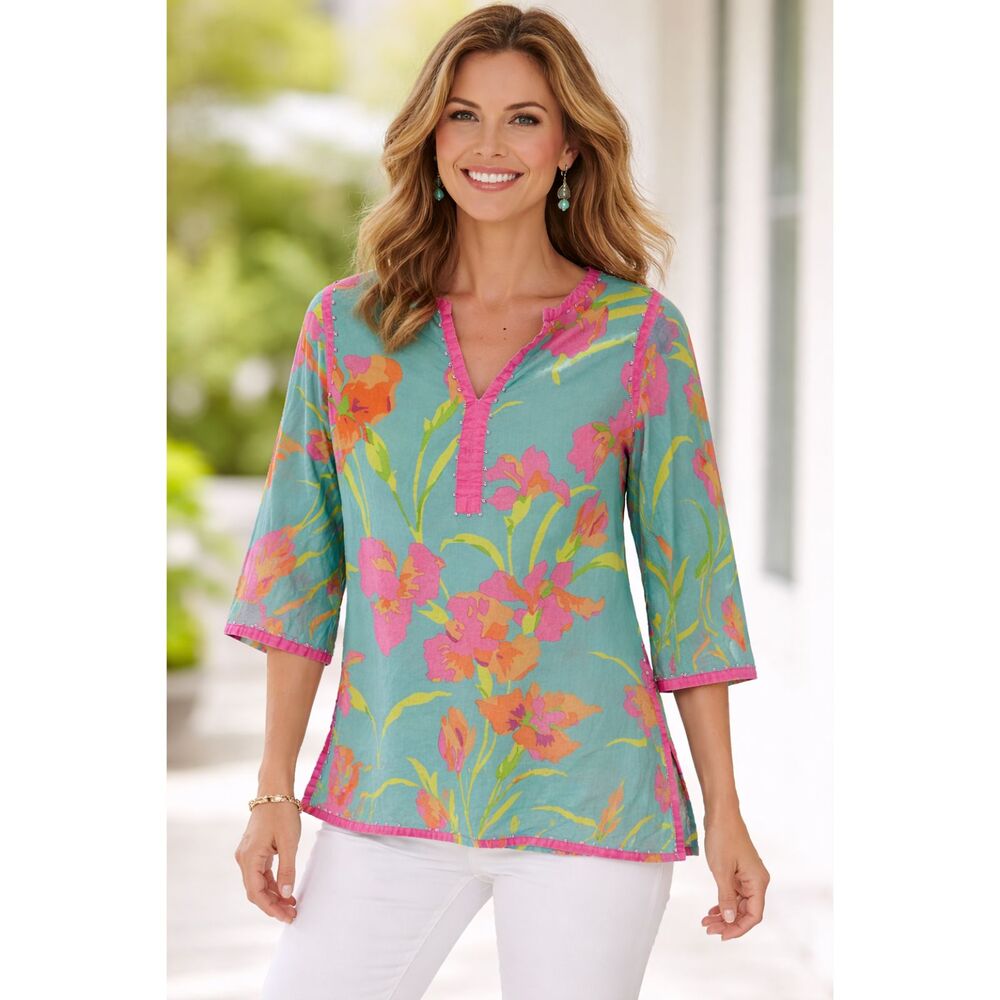 Gretchen Scott Beaded Floral Tunic Small Colorful Tropical Print V Neck Blouse